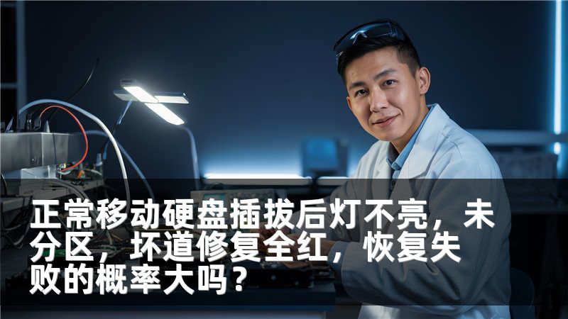 正常移动硬盘插拔后灯不亮，未分区，坏道修复全红，恢复失败的概率大吗？