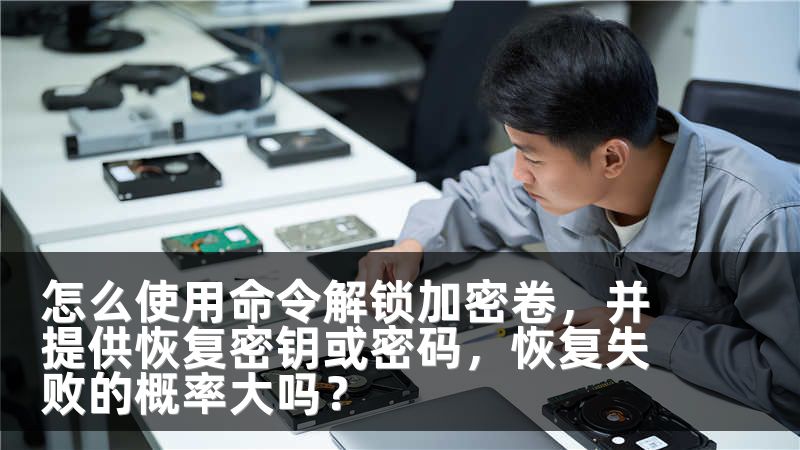怎么使用命令解锁加密卷，并提供恢复密钥或密码，恢复失败的概率大吗？