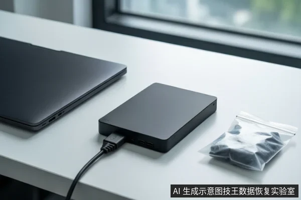 白色桌面上左侧有一台闭合的黑色笔记本电脑,中间平放一个黑色方形移动硬盘,前端连接着一根黑色线缆。右侧有一个透明自封袋,内装黑色小配件。背景是模糊的窗户。