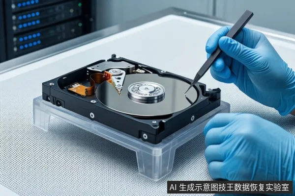 白色防静电桌面上,戴蓝色手套的双手正用镊子操作一块打开外壳的机械硬盘,硬盘置于透明底座上,背景可见服务器机柜。