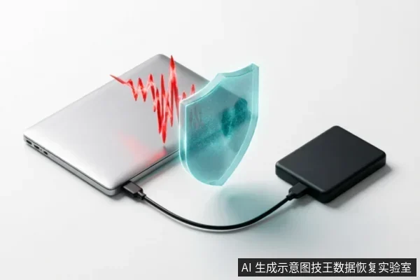 图片展示了一台银色笔记本电脑通过数据线连接黑色移动硬盘,两者之间悬浮着一个发光的青色盾牌图标。笔记本处有红色波形信号被盾牌阻挡,象征在数据恢复或检测过程中对设备进行的防护与隔离,防止故障扩大。