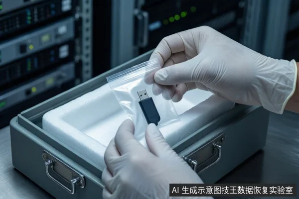 机房环境中,一双戴白色手套的手正握持一个装有黑色U盘的透明自封袋,下方是一个打开的灰色防震箱,内部铺有白色泡沫垫。背景是模糊的服务器机柜。