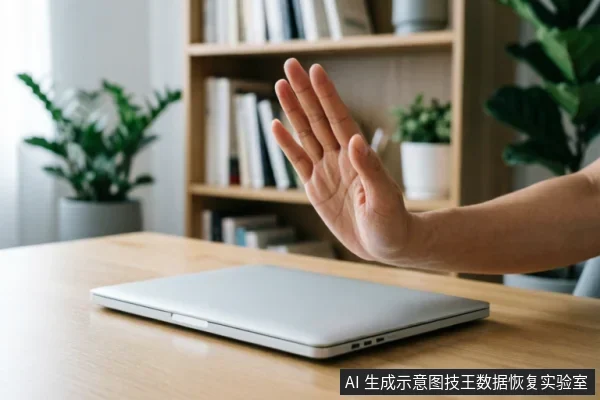 一只手掌在闭合的笔记本电脑前做出明确的停止手势，示意拒绝或暂停。背景为带有书架和绿植的办公环境，画面传达出在电脑故障时立即停止操作、避免盲目尝试的警示含义。