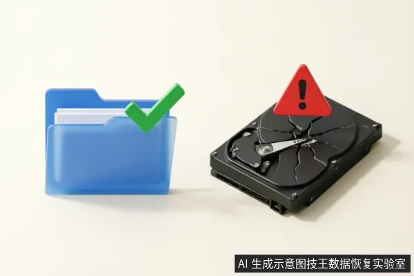 画面左侧是一个带有绿色对勾的蓝色文件夹图标,象征数据完好;右侧是一个表面布满裂纹的黑色机械硬盘,上方立着红色三角形感叹号警示牌。两者并排对比,直观展示了存储介质物理损坏与数据状态的关联。
