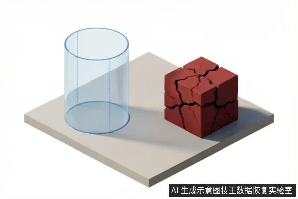 画面展示了一个透明圆柱体与一个表面布满裂纹的红色立方体并排置于底座上。透明圆柱体代表完整无损的状态,而破碎的红色方块象征受损或存在物理隐患的存储介质,直观地隐喻了数据恢复中对原始介质风险等级的评估及完整性检查。