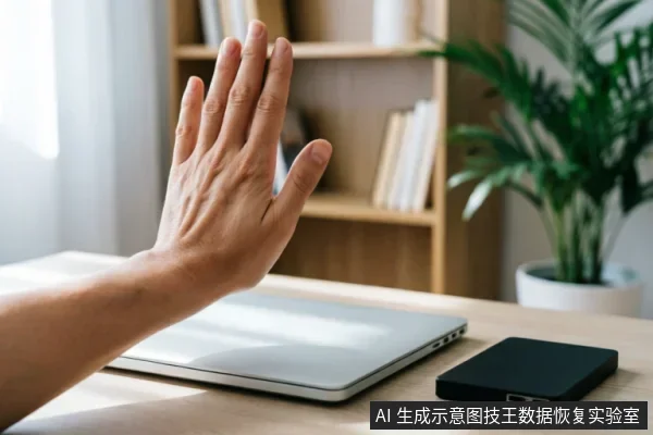画面展示了一只手在闭合的笔记本电脑前做出停止的手势,桌面上放置着一个黑色的外接移动硬盘。背景为书架和绿植,营造出办公或家庭环境。该场景直观地传达了在面对存储设备故障时,应立即停止通电和操作,以保护数据安全的理念。