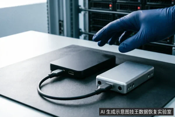 一只戴着蓝色防静电手套的手悬停在连接着线缆的两块移动硬盘上方，背景为服务器机柜。画面展示了数据恢复或硬件检测环境中的设备连接状态，强调了对存储介质的专业操作与只读保护场景。