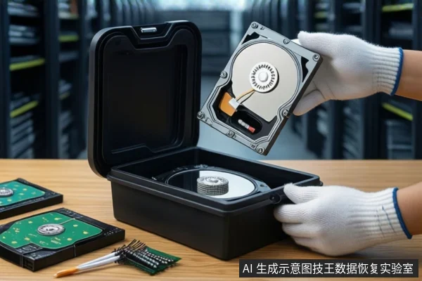 木质桌面上放置一个打开的黑色防震箱,箱内平放一块裸露机械硬盘。右侧一双戴白色手套的手正握持另一块机械硬盘,悬停在箱子上方。左侧桌面上平放两块固态硬盘(SSD)和一把螺丝刀,背景为模糊的服务器机柜。