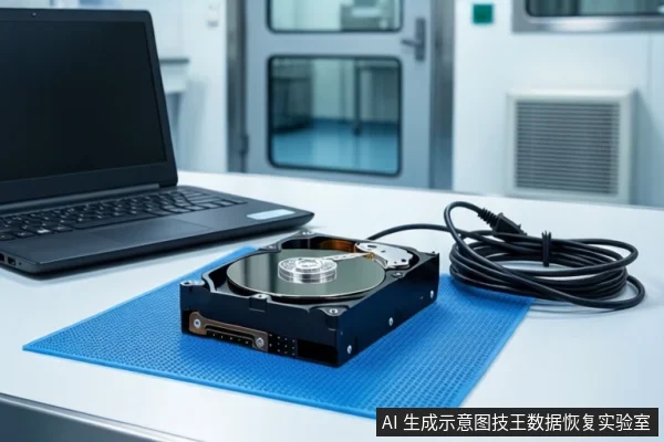 白色台面上铺着蓝色防静电垫,中间平放一块打开外壳的机械硬盘,可见金属盘片与磁头组件。左侧有一台打开的黑色笔记本电脑,右侧盘绕着一卷黑色线缆。背景是模糊的实验室环境,画面中没有人员操作。