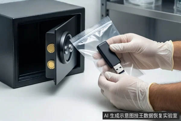 白色台面上,左侧是一个打开的黑色保险柜,右侧一双戴白手套的手正握持一个透明自封袋,袋内装有一个黑色U盘。