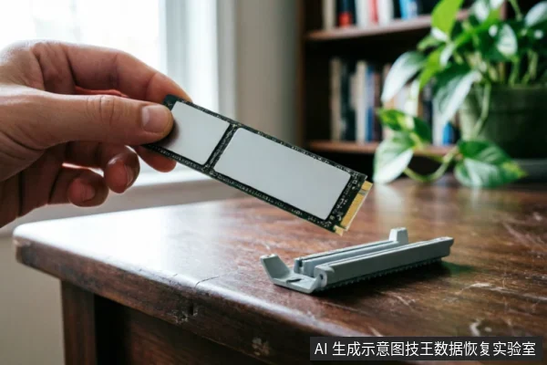 一只手拿着一块贴有白色标签的M.2固态硬盘，悬停在木质桌面上的灰色金属安装支架上方，背景模糊可见书架和绿植。