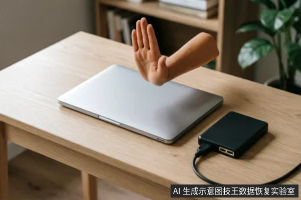 一只悬浮的人造手掌在银色笔记本电脑上方做出“停止”的手势，旁边连接着黑色移动硬盘。画面通过肢体语言直观传达在硬盘识别故障时立即断电、停止操作的紧急制动原则。