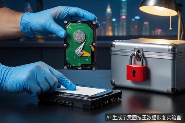 深色桌面上,戴蓝色手套的双手正持握一块打开外壳的机械硬盘,下方平放另一块硬盘,右侧为挂有红色挂锁的银色金属防震箱,背景为模糊的城市夜景和台灯。