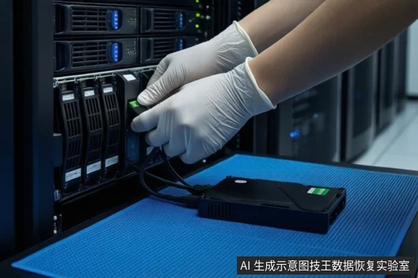 数据中心机房内,蓝色防静电垫上平放一个黑色硬盘盒。左侧是一台打开的黑色服务器机柜,内部可见多个硬盘位。一双戴白手套的手正握持硬盘盒,将其插入服务器机柜的硬盘位中。背景是模糊的服务器机柜。