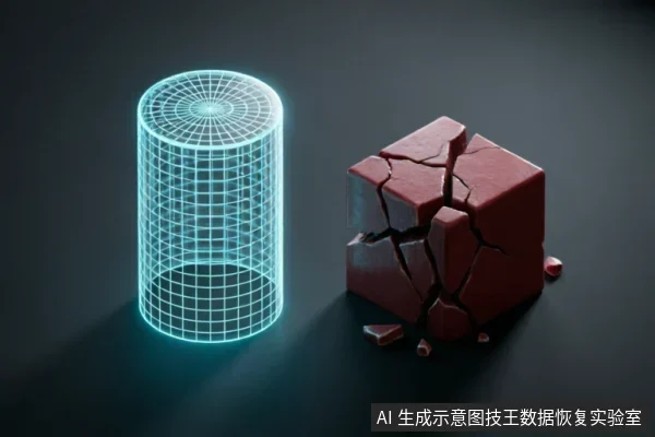 画面左侧为一个发光的青色线框圆柱体,象征完整的数据结构;右侧为一个严重破碎、裂开且散落碎片的红色立方体,象征受损的物理存储介质。两者并置在深色背景上,形成鲜明对比。
