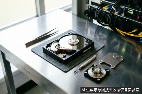 一张金属工作台上放置着已拆解的机械硬盘，内部盘片与磁头组件裸露。旁边配有防静电镊子、精密螺丝刀及拆下的金属盖板。背景可见服务器机架与连接线缆，展示了专业数据恢复实验室中对硬件进行物理检测与评估的场景。