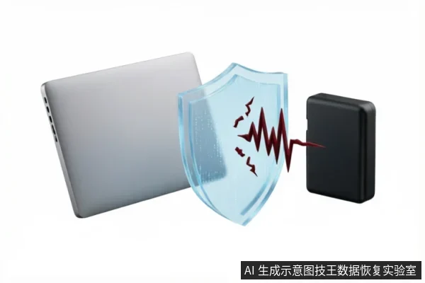 画面展示了一台银色笔记本电脑与一个黑色移动硬盘，中间竖立着一面半透明蓝色盾牌。一道红色锯齿状波纹（象征异响或信号干扰）撞击盾牌被阻挡，直观示意在硬盘出现异常时通过隔离手段保护数据、防止故障加剧的安全处理概念。