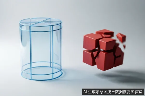 画面左侧为一个蓝色透明圆柱体框架,右侧为一组悬浮且正在崩解破碎的红色立方体块。整体呈现出一种结构从完整走向瓦解、数据或实体正在分崩离析的抽象视觉效果。
