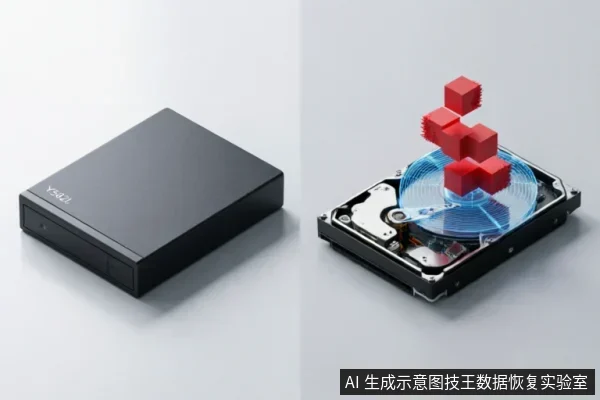 左侧展示一台黑色的外接存储设备，右侧为打开外壳的机械硬盘内部结构图。盘片上方悬浮着由红色立方体组成的立体数据块图形，象征存储在磁盘扇区中的原始数据信息。