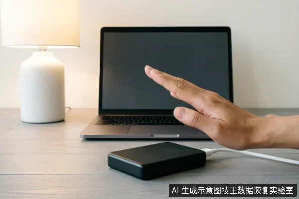 画面展示了一个桌面场景,一台笔记本电脑旁连接着黑色移动硬盘盒。一只手悬停在设备上方做出停止或拒绝的手势,示意立即中断操作。背景有一盏台灯,整体传达出在数据故障时紧急止损、禁止通电或写入的警示含义。