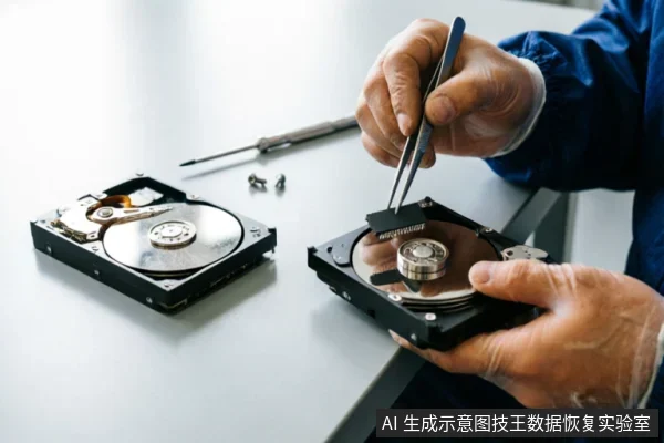 画面展示了一名身穿蓝色防静电服、佩戴透明手套的技术人员，正使用镊子精细操作一块已打开外壳的机械硬盘内部组件。桌面上放置着另一块拆解的硬盘及散落的螺丝，体现了专业数据恢复环境下的硬件检测与物理维护场景。