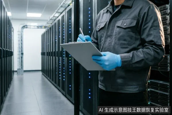 一名身穿深色工装、佩戴蓝色手套的技术人员站在服务器机房内,手持写字板和笔正在记录数据。背景是排列整齐且亮着蓝色指示灯的黑色服务器机柜,展现了专业硬件环境下的巡检或评估场景。
