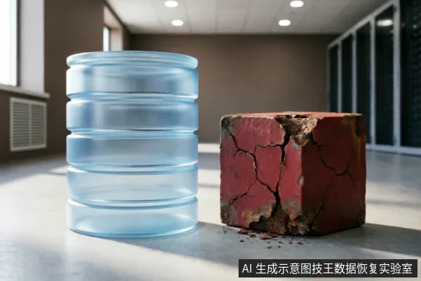 画面展示了两个并排放置的物体：左侧是一个完好的透明圆柱形容器，右侧是一个表面油漆剥落、布满裂纹且严重锈蚀的红色立方体块。背景为模糊的室内环境，通过完好与破损物体的对比，直观示意存储介质可能出现的物理损坏状态。