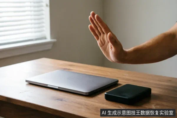 一只手掌在木质桌面上方做出停止手势,掌心向外。桌面上放置着一台闭合的银灰色笔记本电脑和一个黑色的外接移动硬盘,示意在设备故障时立即停止操作并断开连接。