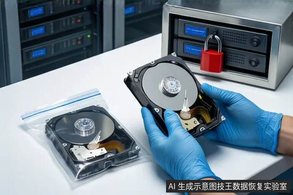 洁净室白色桌面上,戴蓝色手套的双手正持握一块打开外壳的机械硬盘,左侧透明自封袋内平放另一块打开的硬盘,右侧为挂有红色挂锁的银色金属防震箱,背景可见服务器机柜。
