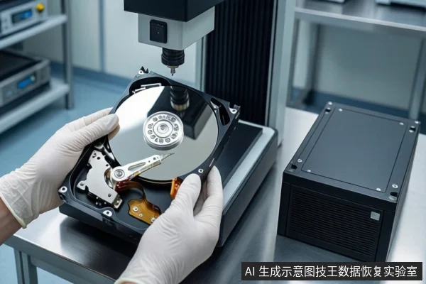 实验室金属台面上,一双戴白色手套的手正握持一块打开外壳的机械硬盘,上方有一台精密仪器探头对准盘片,右侧平放一个黑色硬盘盒。