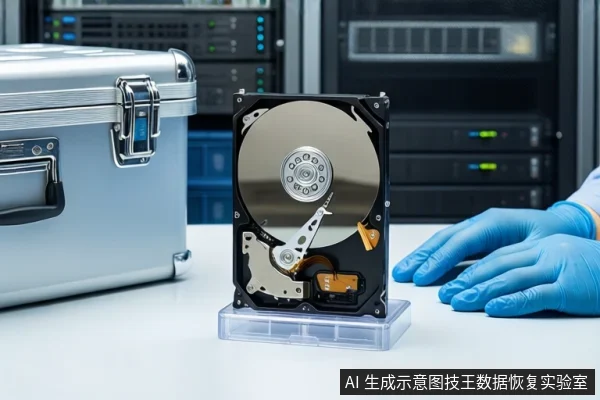白色桌面上，中间透明底座上竖立一块打开外壳的机械硬盘，可见盘片、主轴和磁头臂。左侧为银色金属防震箱，右侧有一双戴蓝色手套的手平放在桌面上，背景可见服务器机柜。