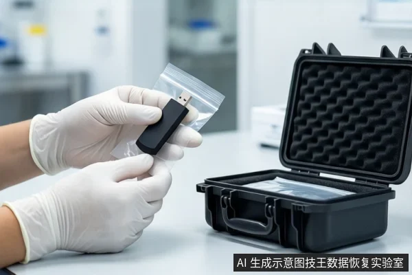白色桌面上,一双戴白色手套的手正握持一个装在透明自封袋中的黑色U盘。右侧平放着一个打开的黑色防震箱,箱内泡沫中嵌有一个透明自封袋。背景为模糊的实验室环境。