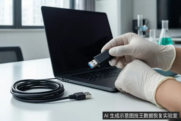 白色桌面上,一双戴白色手套的手正握持一个黑色U盘,将其悬停在一台黑屏笔记本电脑的接口上方。左侧有一卷盘绕的黑色USB数据线,背景为模糊的实验室玻璃器皿。