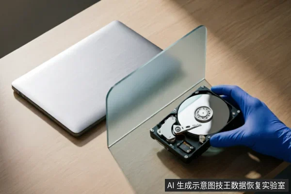 一只戴着蓝色防静电手套的手在木质桌面上托举着一块已打开上盖的机械硬盘，清晰展示了内部的磁盘盘片与磁头组件。背景处放置有一台闭合的银色笔记本电脑，整体呈现出专业硬件检测或数据恢复评估的场景。