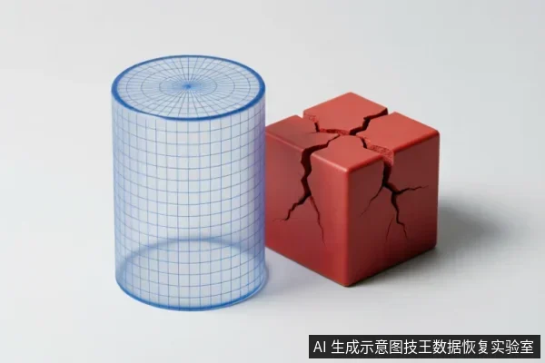 画面展示了一个蓝色网格圆柱体紧挨着一个表面布满裂纹的红色立方体。圆柱体结构完整,而红色立方体呈现严重的破碎和崩裂状态,直观地隐喻了存储设备在进水或遭受物理冲击后发生的内部结构性损坏与故障风险。