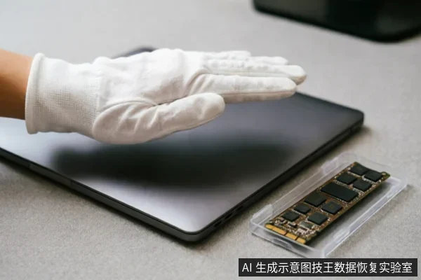 一只戴着白色防静电手套的手悬停在闭合的深灰色笔记本电脑上方,旁边透明塑料盒中装有一块M.2固态硬盘。画面展示了数据恢复或硬件维护时的规范防护操作场景。