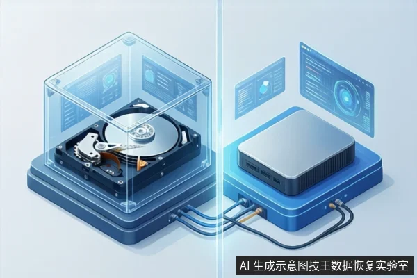 等距视角示意图,左侧透明罩内放置机械硬盘,右侧蓝色底座上放置外接存储设备,两者通过线缆连接,上方悬浮数据界面。