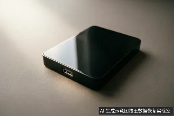 一个黑色的移动硬盘静置于浅色平面上，侧面可见USB接口，表面光滑有反光，无连接线缆，无操作动作。