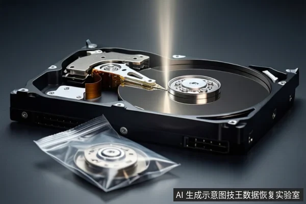 深色台面上平放一块打开外壳的机械硬盘,可见盘片与磁头组件,上方有一道垂直光束。前景放置一个透明自封袋,袋内装有一个圆形金属部件。画面中无人员操作。