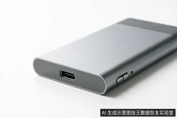 一张银灰色金属外壳移动硬盘盒的局部特写,清晰展示了侧面的USB Type-C接口、物理开关及散热纹理,背景为纯白。