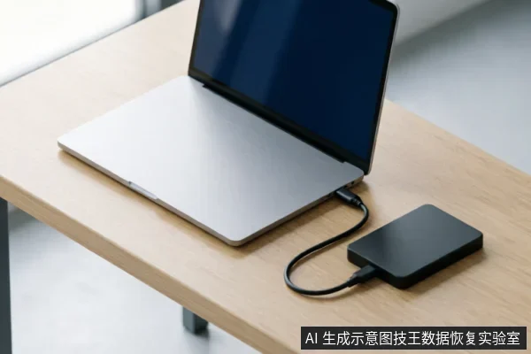 一台银色笔记本电脑放置在浅色木纹桌面上，通过黑色数据线连接着一个黑色的外接移动硬盘。画面展示了电脑与外部存储设备的物理连接状态，背景简洁，无屏幕文字显示。