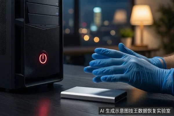 深色桌面上,左侧为黑色塔式主机,正面红色电源按钮亮起;右侧一双戴蓝色手套的手悬停在主机前方,桌面平放一块银色移动硬盘,背景为模糊城市夜景和台灯。