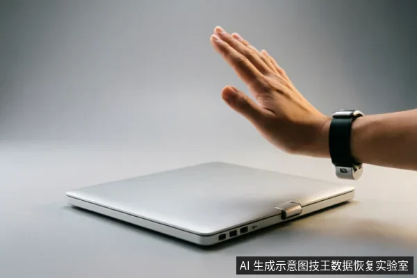 一只佩戴黑色智能手表的手掌悬停在闭合的银色笔记本电脑上方,做出停止或拒绝的手势。画面背景简洁,通过肢体语言直观传达出“立即停止操作”、“隔离设备”及“禁止远程尝试”的安全警示含义。