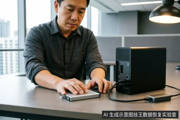 一名男子在办公桌前操作，右手正按着一个银色外接移动硬盘盒，该设备通过数据线连接至右侧黑色的立式存储阵列或服务器设备。背景为明亮的办公室环境，展示了外部存储介质与主机设备的物理连接场景。