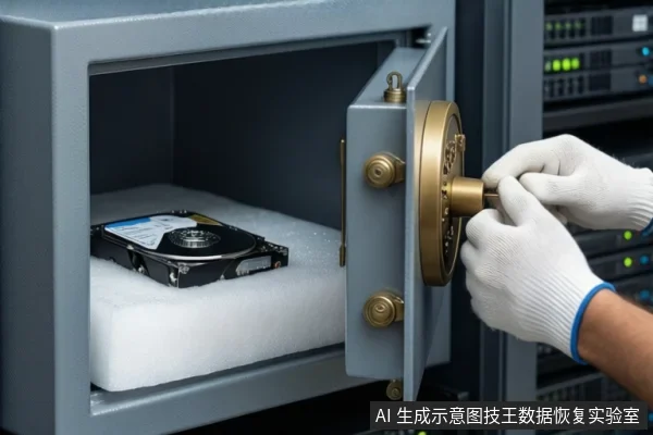 灰色金属保险柜门打开,内部白色泡沫垫上平放一块裸露机械硬盘。右侧一双戴白色手套的手正握持黄铜色保险柜转轮锁,背景为模糊的服务器机柜。