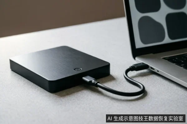桌面上放置着一台银色笔记本电脑，通过黑色数据线连接着一个黑色的移动硬盘。画面展示了外部存储设备与电脑正常连接的物理状态，无螺丝或拆解工具，表现了设备通电接入的场景。