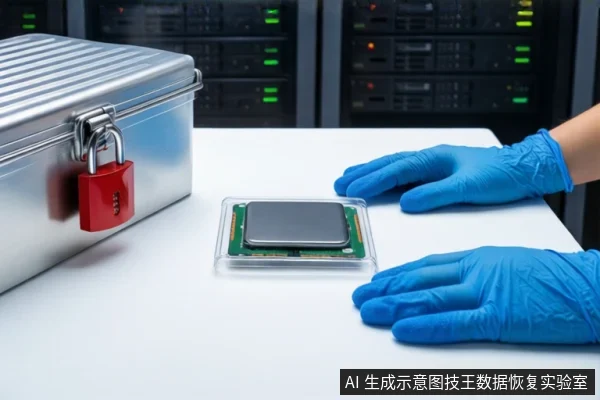 白色桌面上,左侧为挂有红色挂锁的银色金属防震箱,中间透明底座上平放一块M.2固态硬盘,右侧一双戴蓝色手套的手平放在桌面上,背景可见服务器机柜。