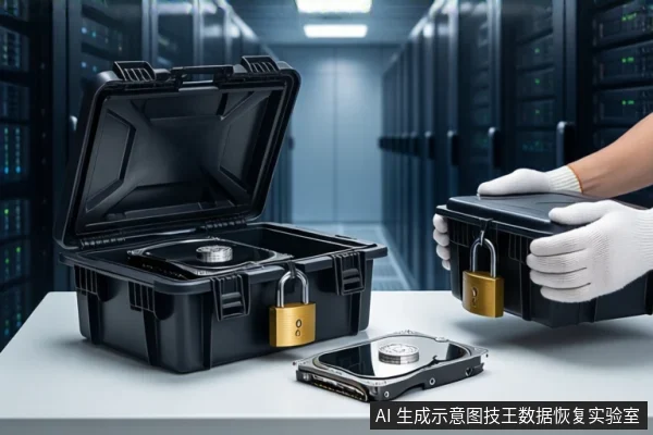 数据中心机房内,白色台面上放着一个打开的黑色防震箱,箱内嵌有一块机械硬盘,箱外挂着金色挂锁。右侧一双戴白手套的手正握持另一个挂着金色挂锁的黑色防震箱。前景平放一块裸露的机械硬盘。