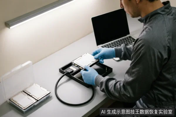 一名身穿灰色工作服并佩戴蓝色手套的技术人员,正手持一块3.5英寸机械硬盘将其放入黑色的外接硬盘盒中。桌面上放置着一台笔记本电脑和一个装有其他硬盘的透明塑料收纳盒,背景为带有长条照明灯的白色工作台,呈现出专业的数据恢复检测环境。