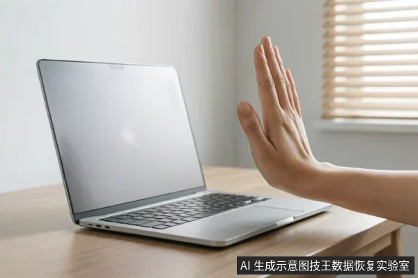 一只手掌在木质桌面上向一台打开的银色笔记本电脑做出明确的“停止”手势,示意拒绝操作或中断连接。背景简洁明亮,有百叶窗光影,直观表达了立即停止通电、避免进一步数据风险的核心指令。